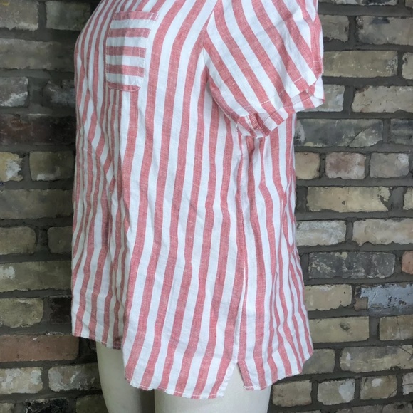 100% Linen Shirt Striped Short Sleeve Loose Fit Boho Flowy Red White - Picture 2 of 5
